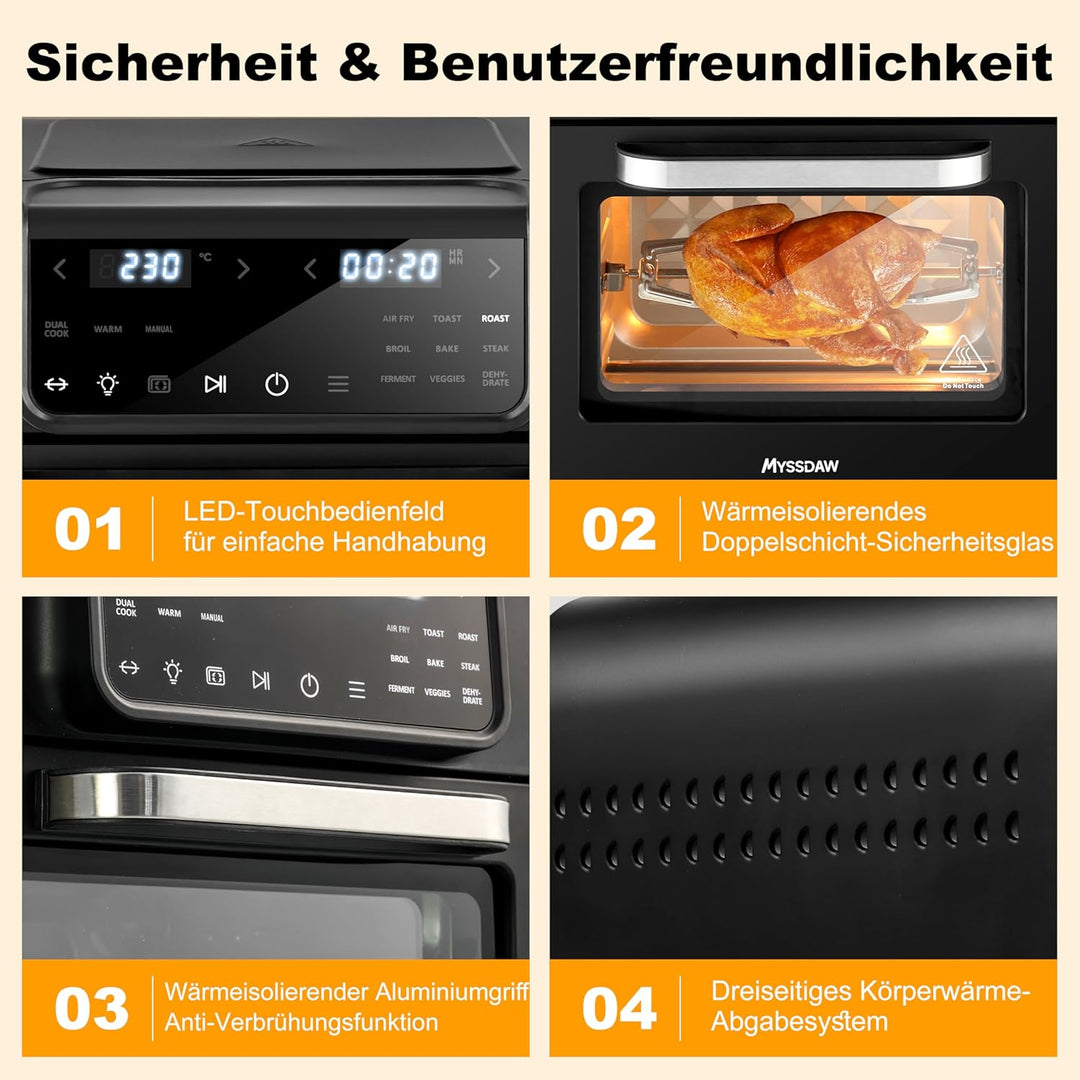 16L Heissluftfritteuse mit Rotisserie Grosse Kapazität Bis zu 230°C 12 smarte Kochfunktionen Air Fry