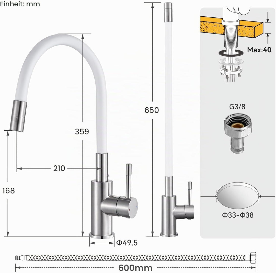 CECIPA Flexibler Küchenarmatur Weiss, Wasserhahn Küche mit 2 Strahlarten, Hochdruck Armatur Küche, M