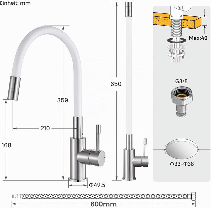 CECIPA Flexibler Küchenarmatur Weiss, Wasserhahn Küche mit 2 Strahlarten, Hochdruck Armatur Küche, M