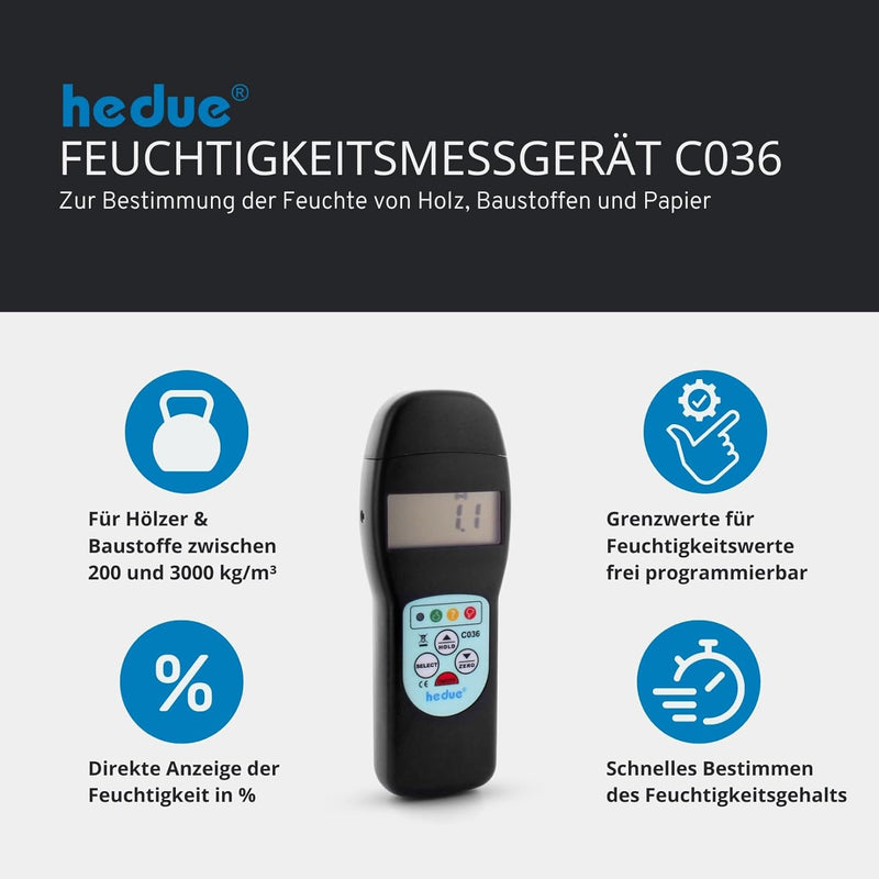 hedue® Feuchtigkeitsmessgerät C036 - Feuchtemesser für Hölzer & Baustoffe zwischen 200-3000 kg/m³, H