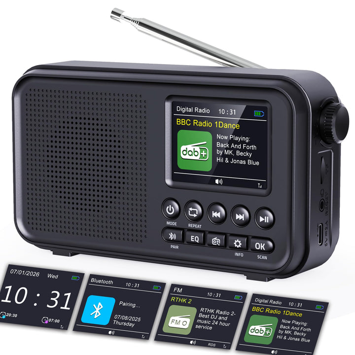 Tragbares DAB/DAB+ Radio, UKW Digitalradio mit 3000-mAh Akku, wiederaufladbares FM Radio mit Bluetoo