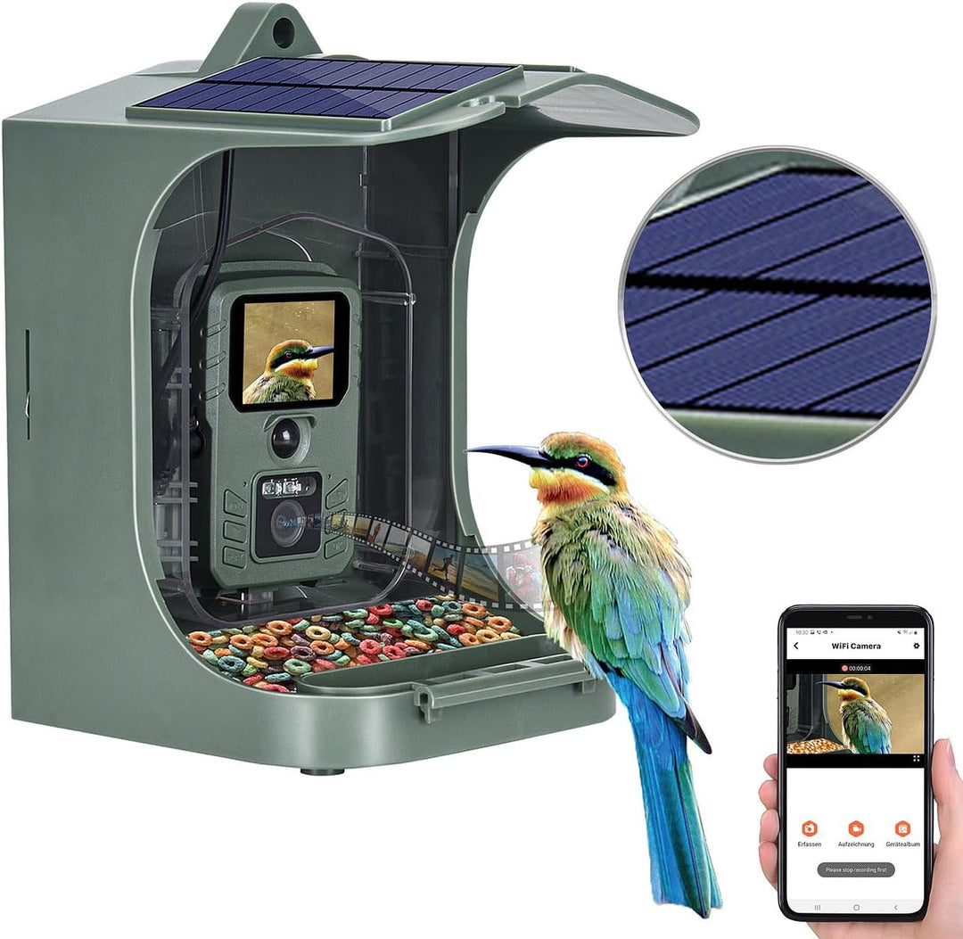 VisorTech Vogelkamera: Solar-Vogelhaus & Futterstelle mit WLAN-Full-HD-Kamera, Akku, PIR, App (Vogel