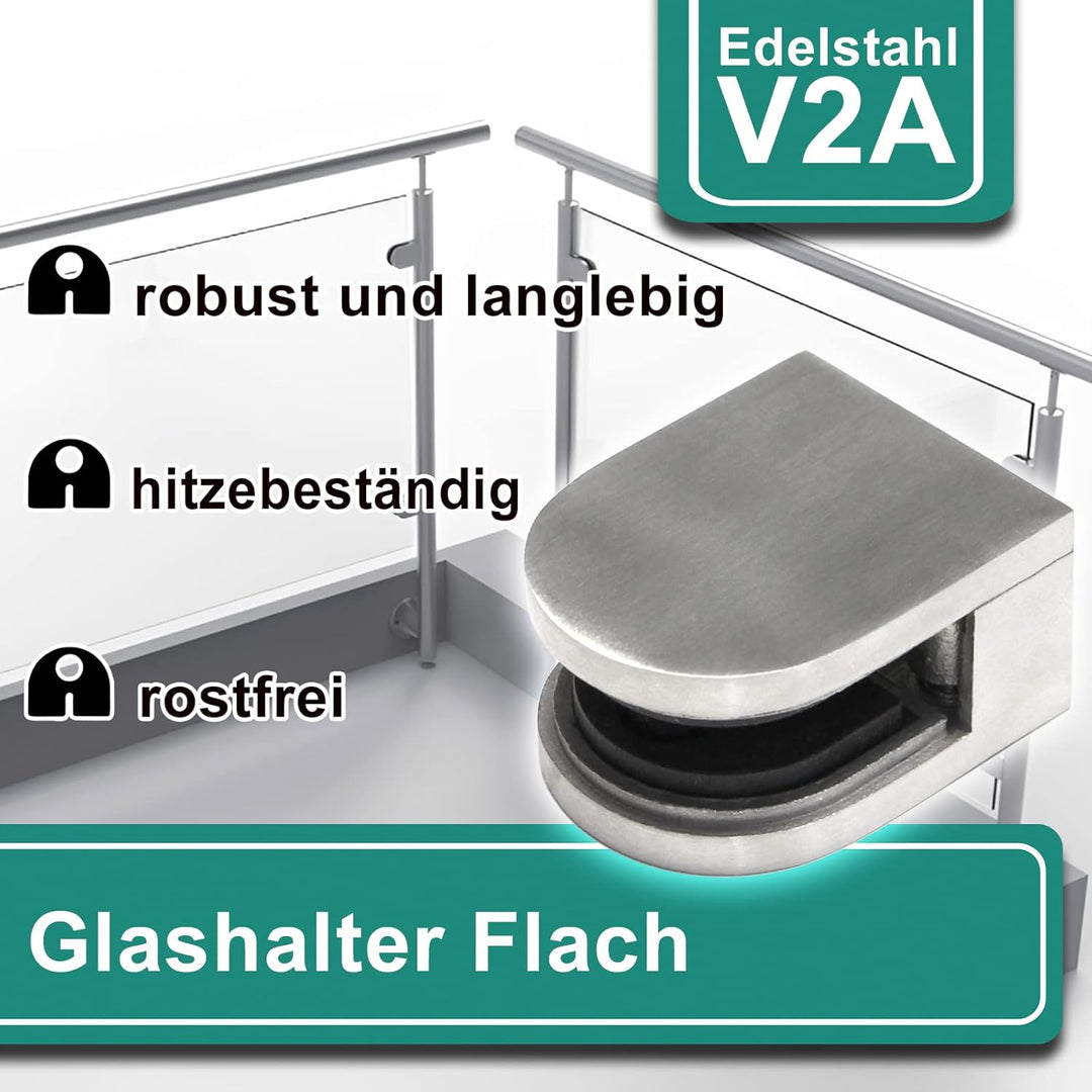 PRIOstahl Glashalter 4 Stück Glasklemmen Set Klemmhalter 50 X 40 x 26 mm Anschluss: Flach für Glas 1