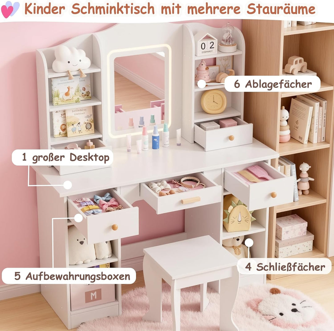 Clevich Schminktisch Kinder Set, Kinderschminktisch mit LED Beleuchtung, 5 Schubladen, 10 Staufächer