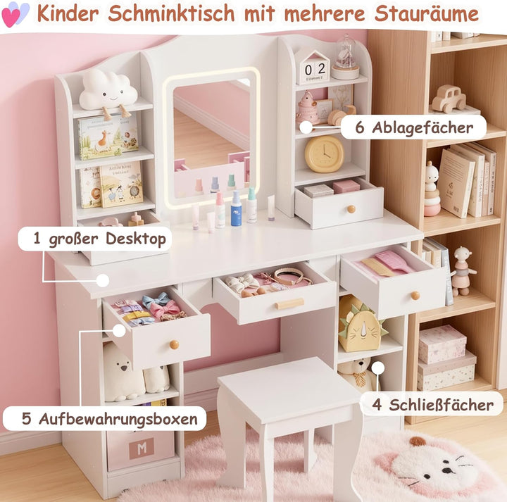 Clevich Schminktisch Kinder Set, Kinderschminktisch mit LED Beleuchtung, 5 Schubladen, 10 Staufächer