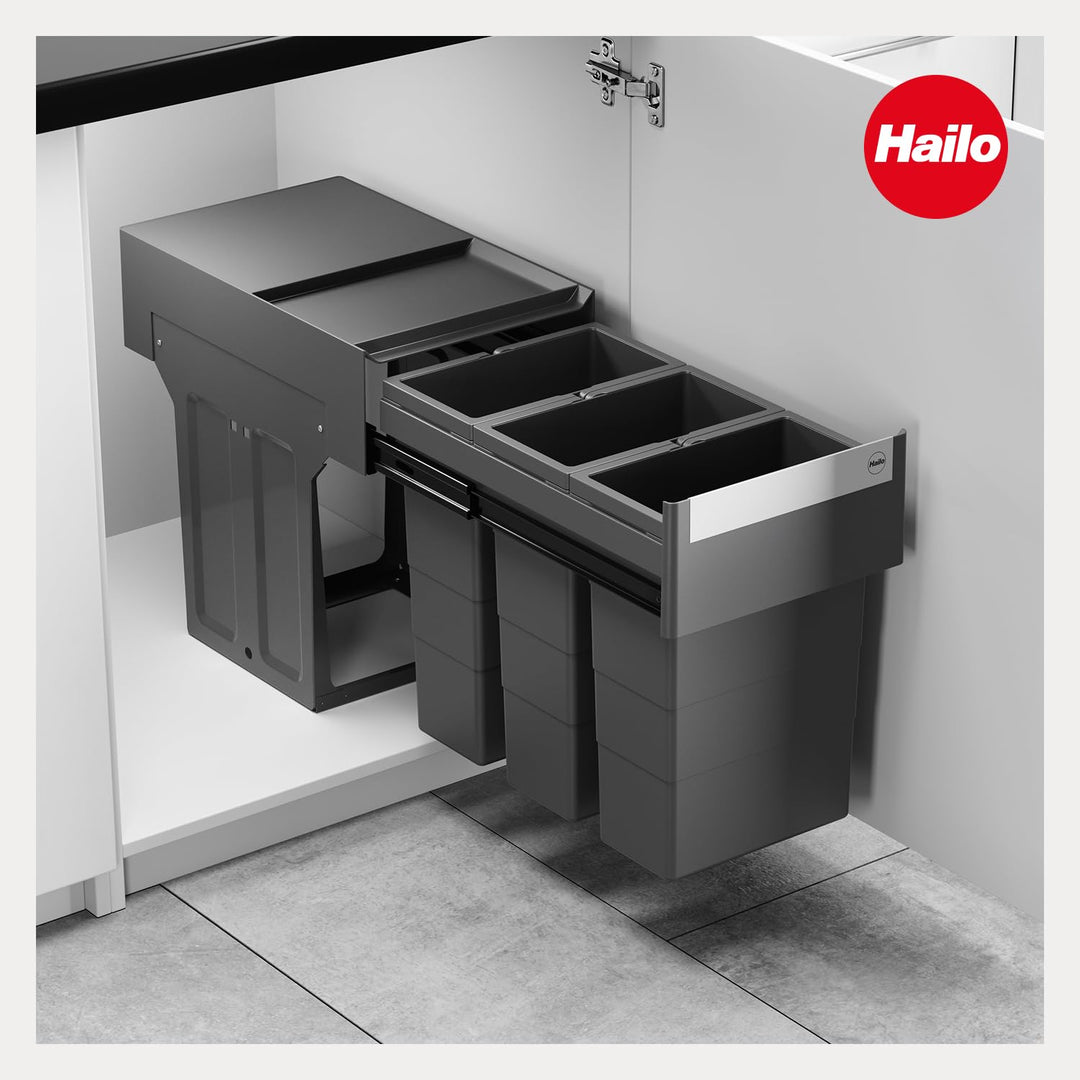Hailo Abfallsammler 3666921 | Terzett 3x 8 Liter | für Unterschränke ab 40 cm | Teleskopauszug per H