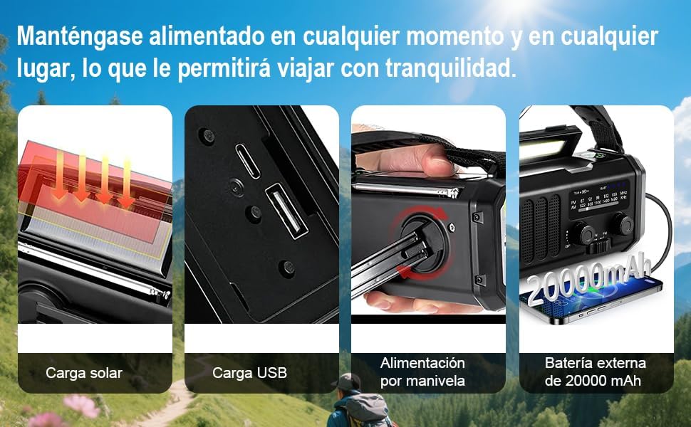 Tragbares Notfallradio 20000 mAh, SOS-Alarm, FM/AM-Radio mit Leselampe, Kompass, Kurbelgenerator und
