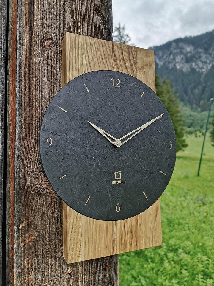 Natuhr Schiefer Wanduhr - Watzmann - Holz Eiche Stein geräuscharm Wohnzimmer Holzuhr Made in Germany