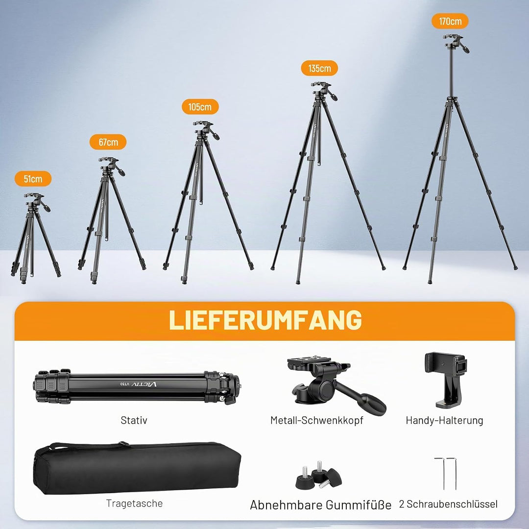 Victiv Professionelles Kamera Stativ, 170cm Vollaluminium-Stativ mit Abnehmbarer 3-Wege-Metallkopf f