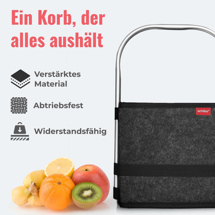 achilles Einkaufskorb Faltbar aus Filz – Klappbarer Tragekorb mit Aluminium-Griff – Leicht & Robust