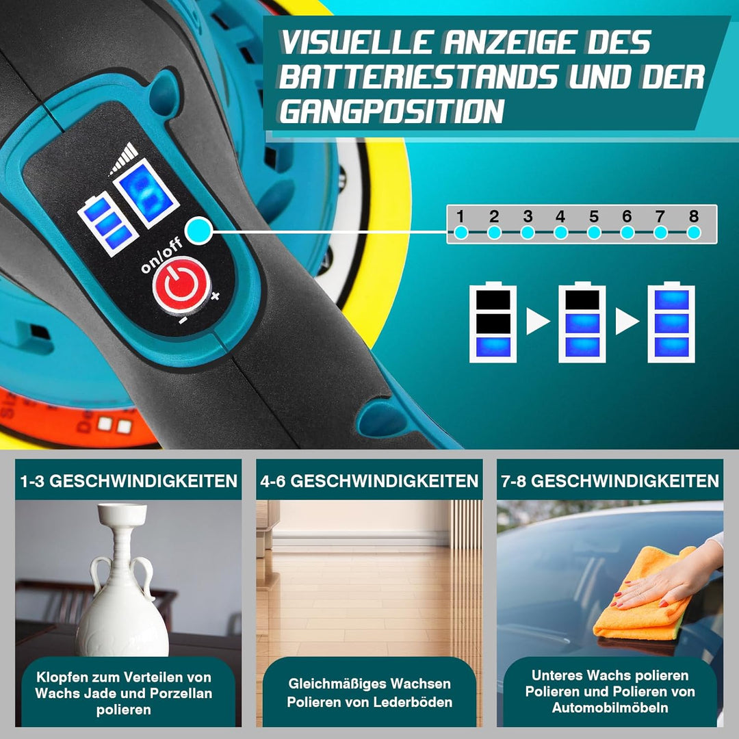 Akku Poliermaschine, Auto Poliermaschine Set 22 pcs, Exzenter Poliermaschine 12mm für Auto, 8 Variab