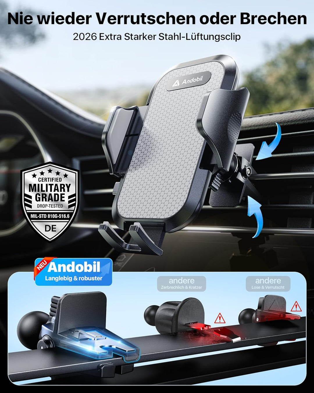 andobil Handyhalterung Auto [2026 Neueste Saugnapf] 3 in 1 Saugnapf & Lüftung Halter Universale KFZ
