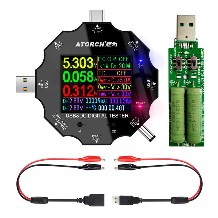 USB C Tester, 3 in 1 Typ C DC5.5 USB Tester Farbbildschirm IPS Digitalmultimeter,Spannung,Strom,Leis