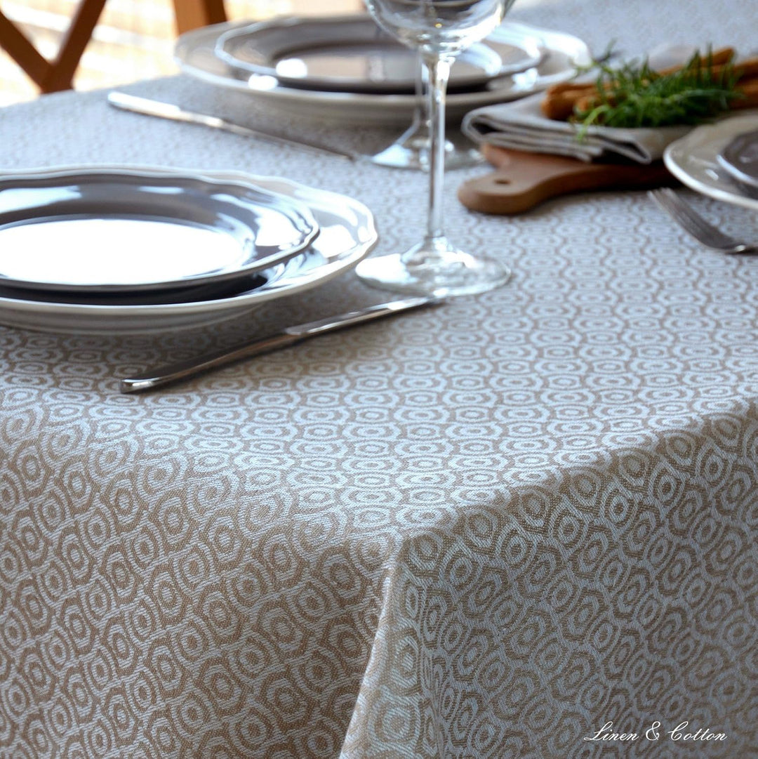 Linen &amp; Cotton Jacquard Damast Tischdecke Stoff Cervo - 100% Leinen, Hellblau Blau Beige (147 x 147