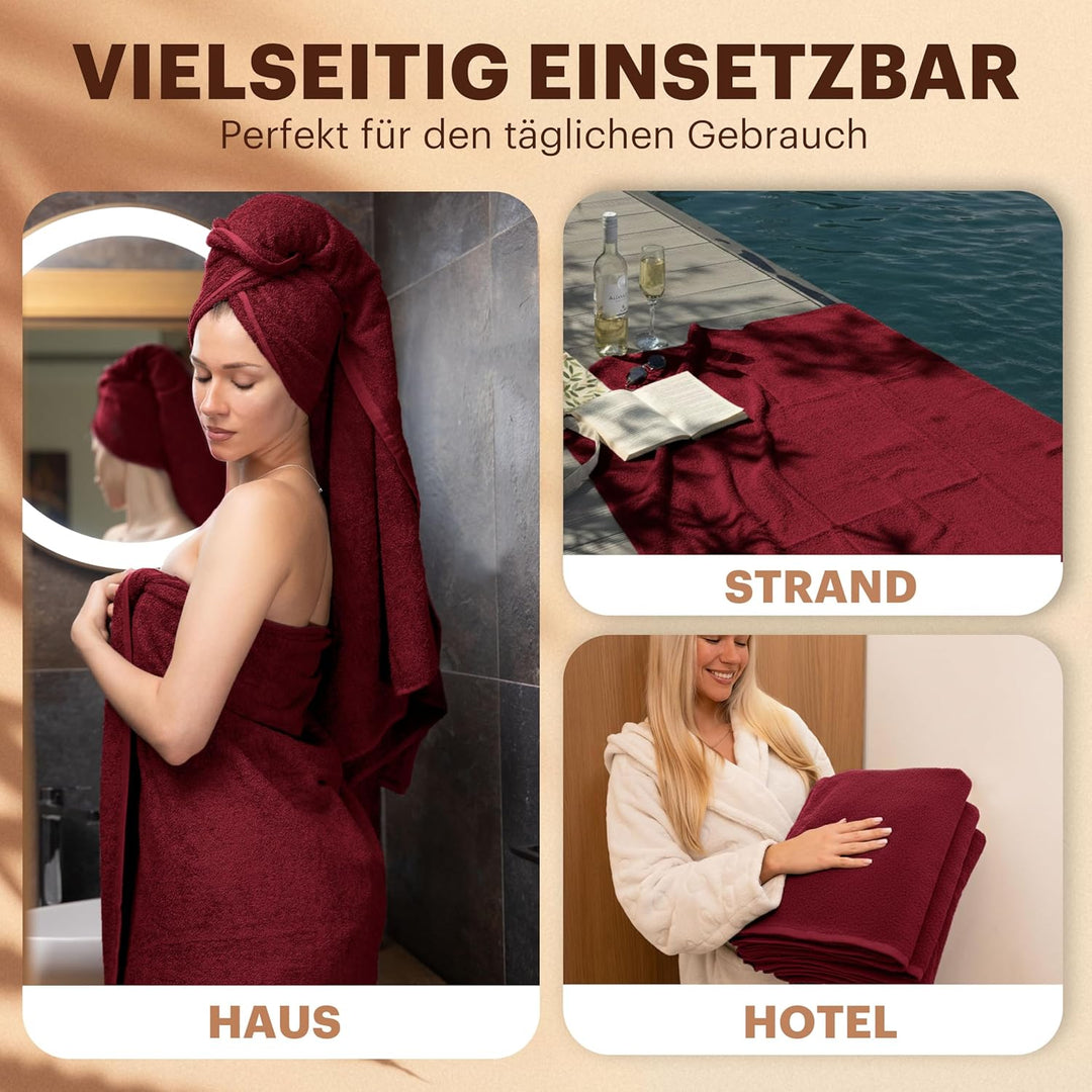 NatureMark 4er Pack Duschtücher, Grösse 70x140cm, Bordeaux, 100% Baumwolle, Bordeaux