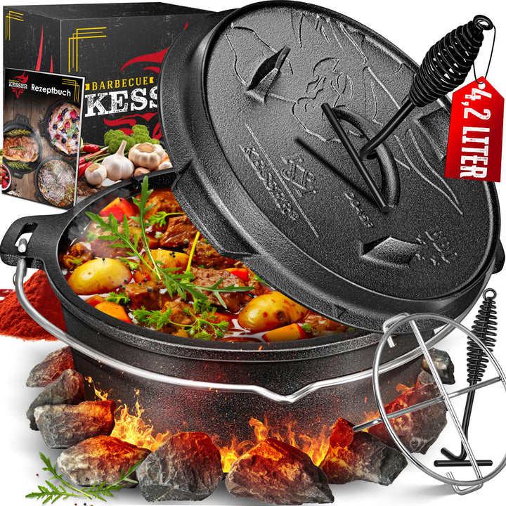 KESSER® Dutch Oven Set BBQ 4,2 Liter, Feuertopf Schmortopf mit Edelstahluntersetzer, Gusseisen Topf