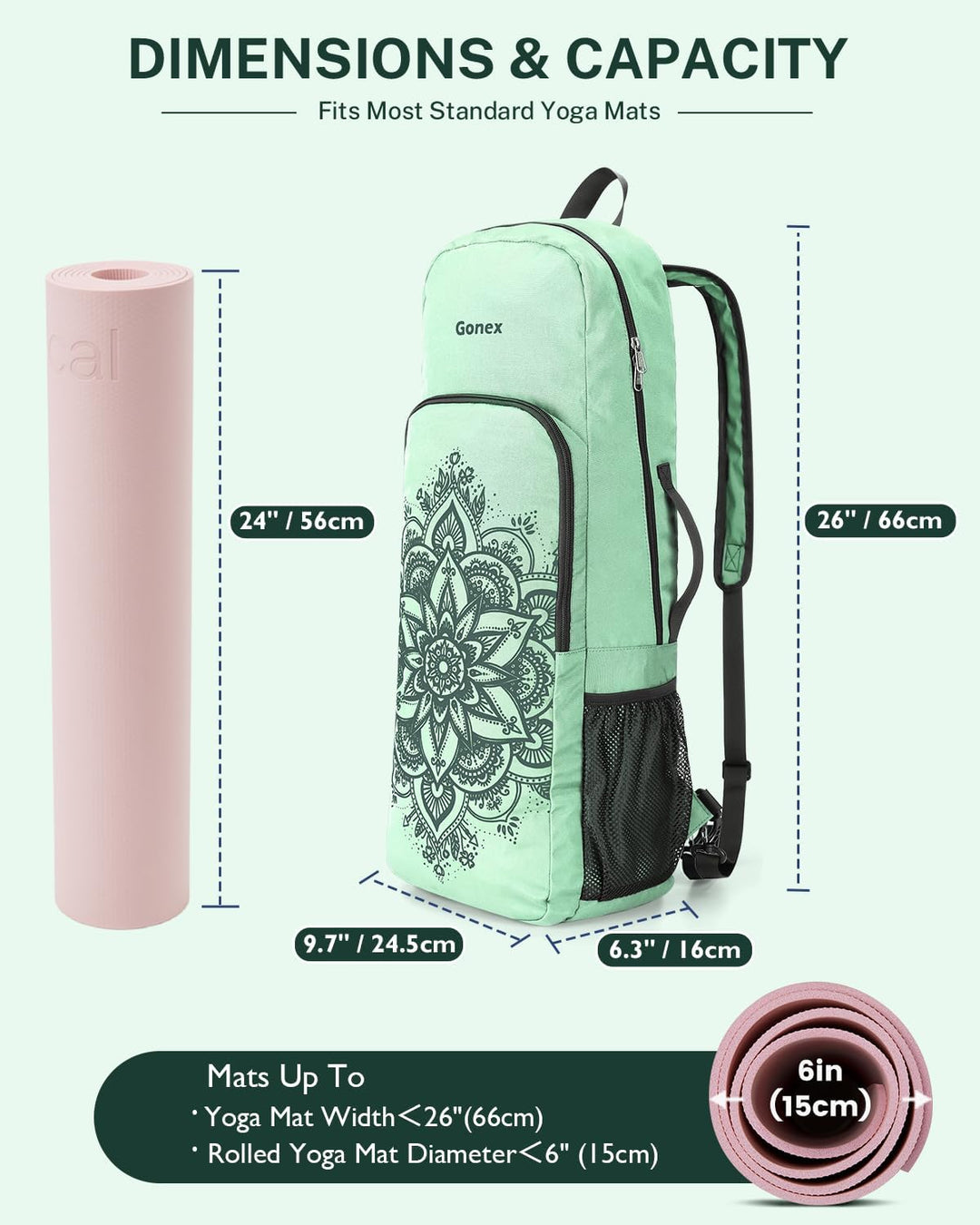 Gonex Yogatasche, Yoga-Rucksack mit Wasserdichter Tasche und Metallreissverschluss, Passend für Matt