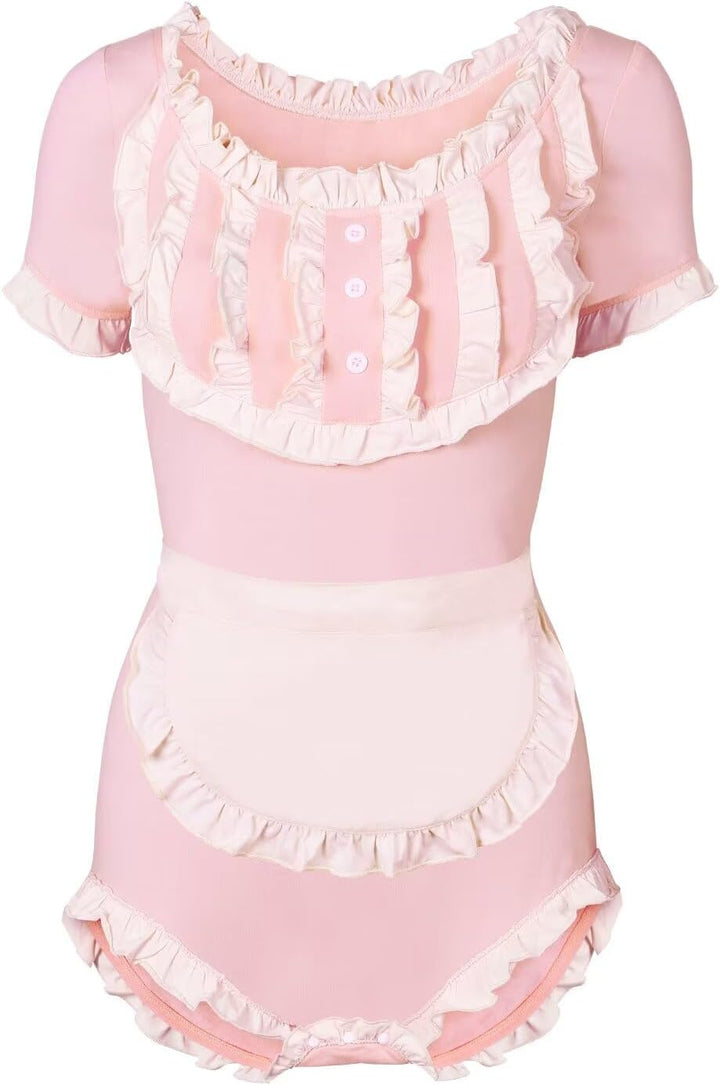 Landofgenie Damen Schwarz Langarm Baumwolle Bodysuit Onesie Pyjamas Maid Outfit Rosa L, Rosa L