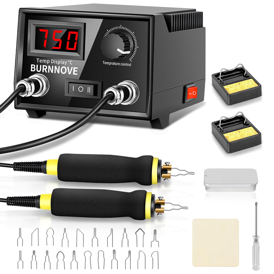 BURNNOVE Holz Pyrographie Set 100W, 100–750°C, Doppel-Pyrographie-Stifte mit LCD-Display, 21 Spitzen