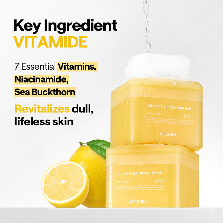 MEDIHEAL Vitamide Brightening Pad - Vegan Face Hypoallergenic Pads with Niacinamide, Sea Buckthorn -