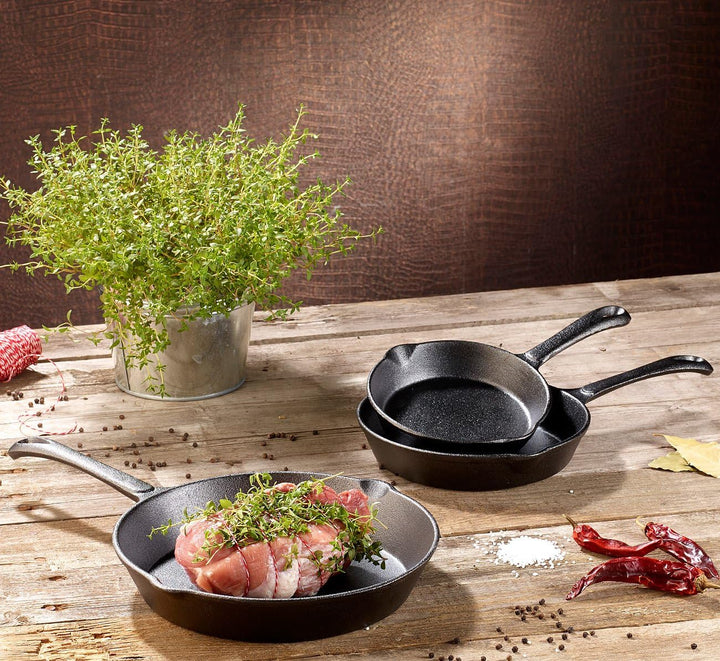 Tornwald-Schmiede Gusspfannen: Gusseisen-Pfannen, 3er-Spar-Set (12,5/16,5/21 cm) (Brat Pfannen, Guss