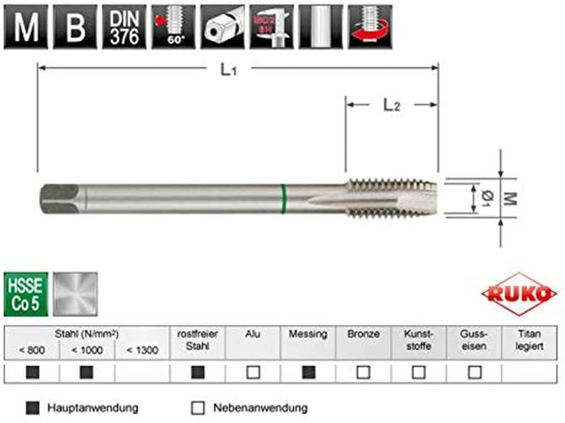 TERRAX by RUKO Maschinengewindebohrer-Satz M DIN 371/376 Form B mit Schälanschnitt HSSE-Co 5 in Kuns