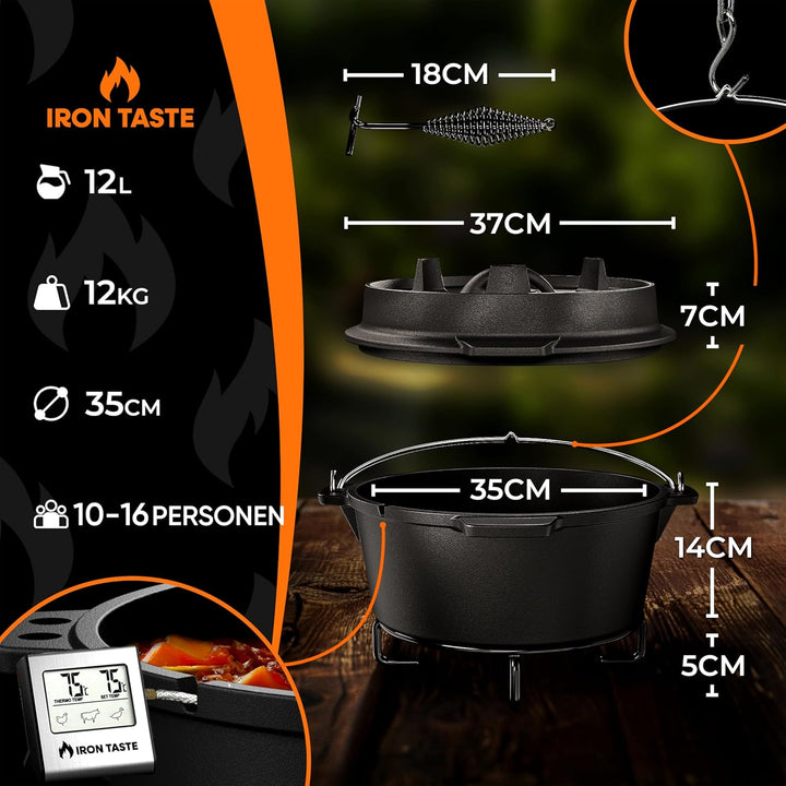 IRON TASTE Dutch Oven Set 12L - Eingebrannter Dutch Oven 12 Liter - Feuertopf Gusseiserner Topf mit