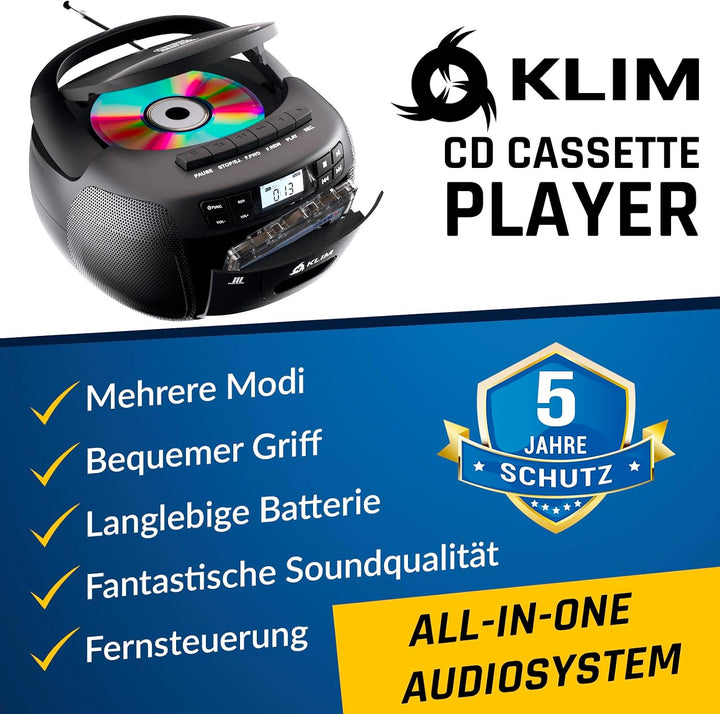 KLIM CD Player mit Kassette, Kassettenspieler, Kassettenrekorder, Radio mit CD und Kassette, CD Play