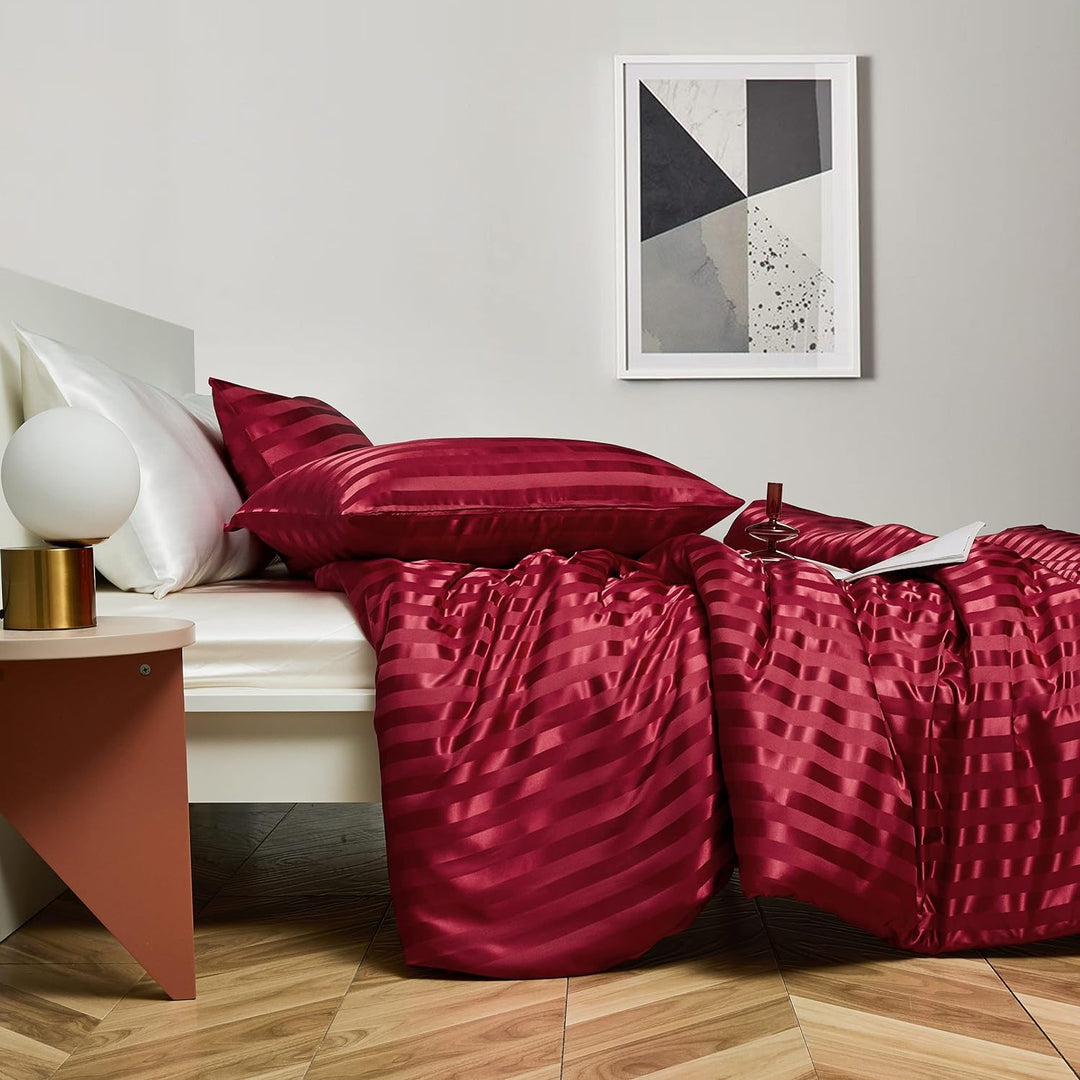 Damier Bettwäsche 135x200cm Rot Satin gestreift Bettbezug Set Seidig glänzend hochwertiges Satin Bet