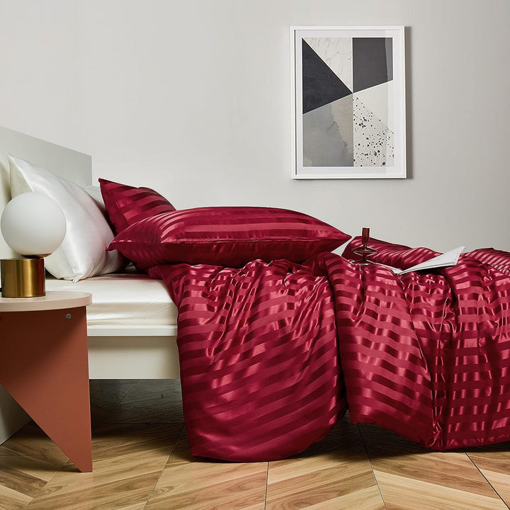 Damier Bettwäsche 155x220cm Rot Satin Glanz gestreift Bettwäsche Set Seidig glänzend Luxus Deckenbez
