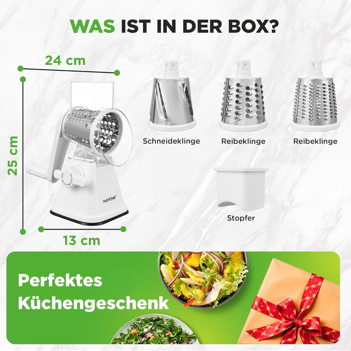 NutriChef 3-in-1 Trommelreibe - mit Kurbel – Gemüsereibe & drehbare Käsereibe – 3 Trommeln für Fein,