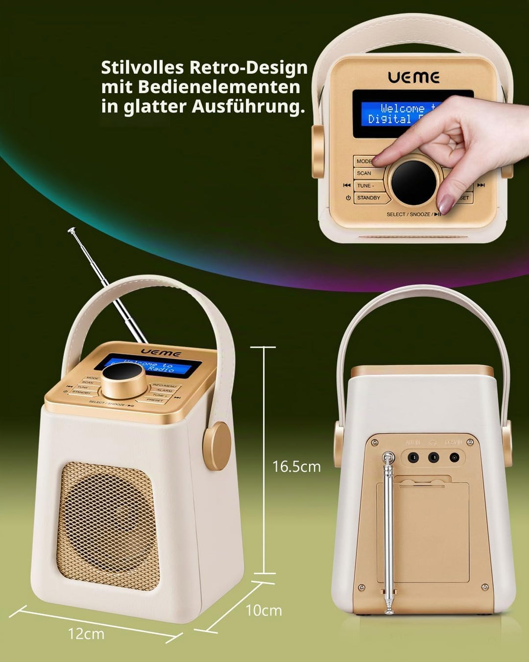 Mini DAB+ DAB Digitalradio und UKW Radio mit Bluetooth Lautsprecher, Radiowecker, und Leder Verkleid