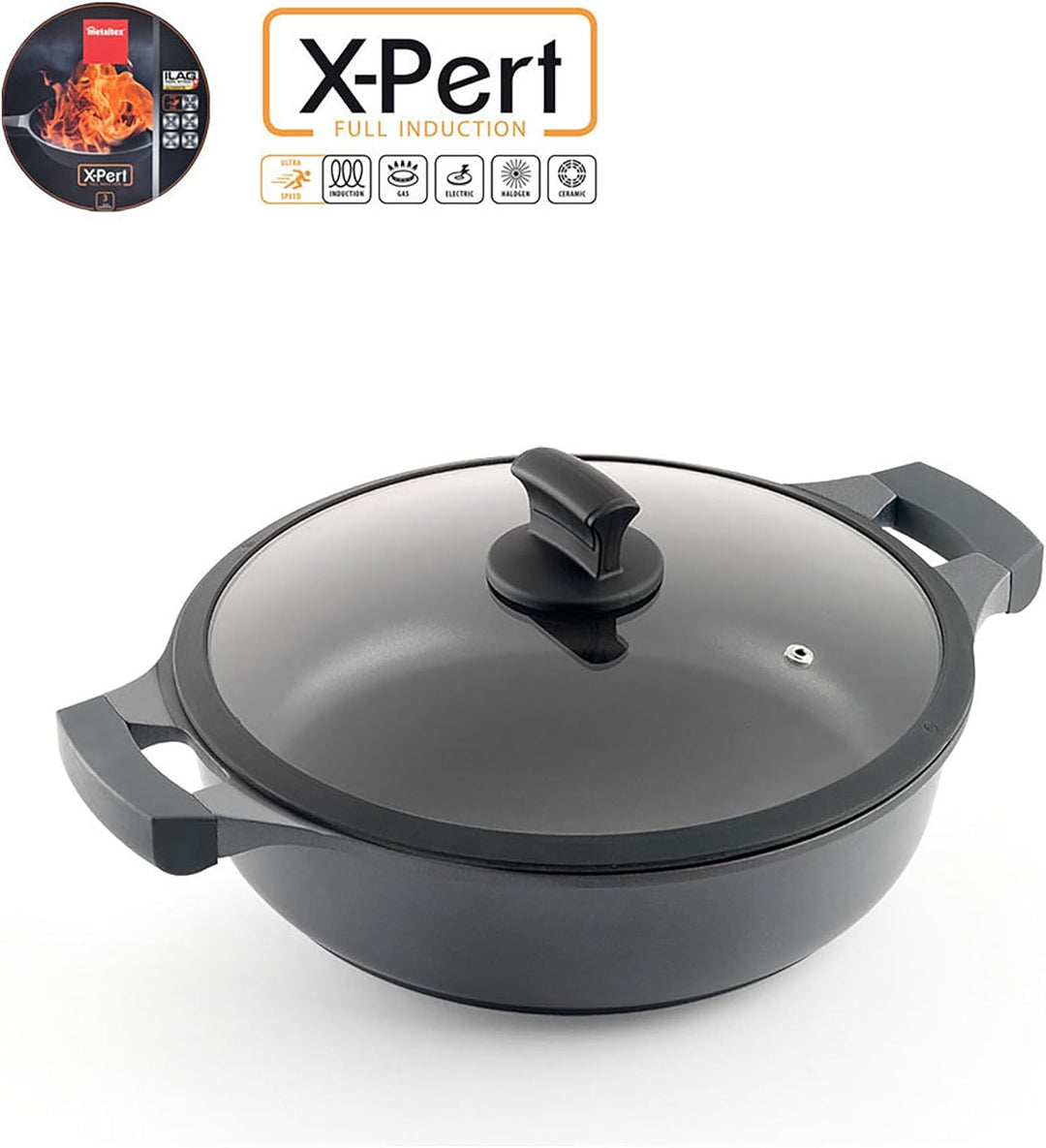 Metaltex XPERT - Low Cast Aluminum Casserole 28 cm with Tempered Glass Lid Niedriger Kasserolle 28 c