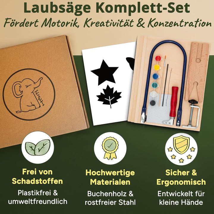 Eli® Laubsäge für Kinder inkl. 14 Sperrholzplatten - Komplett Set für Laubsägen inkl kreative Vorlag