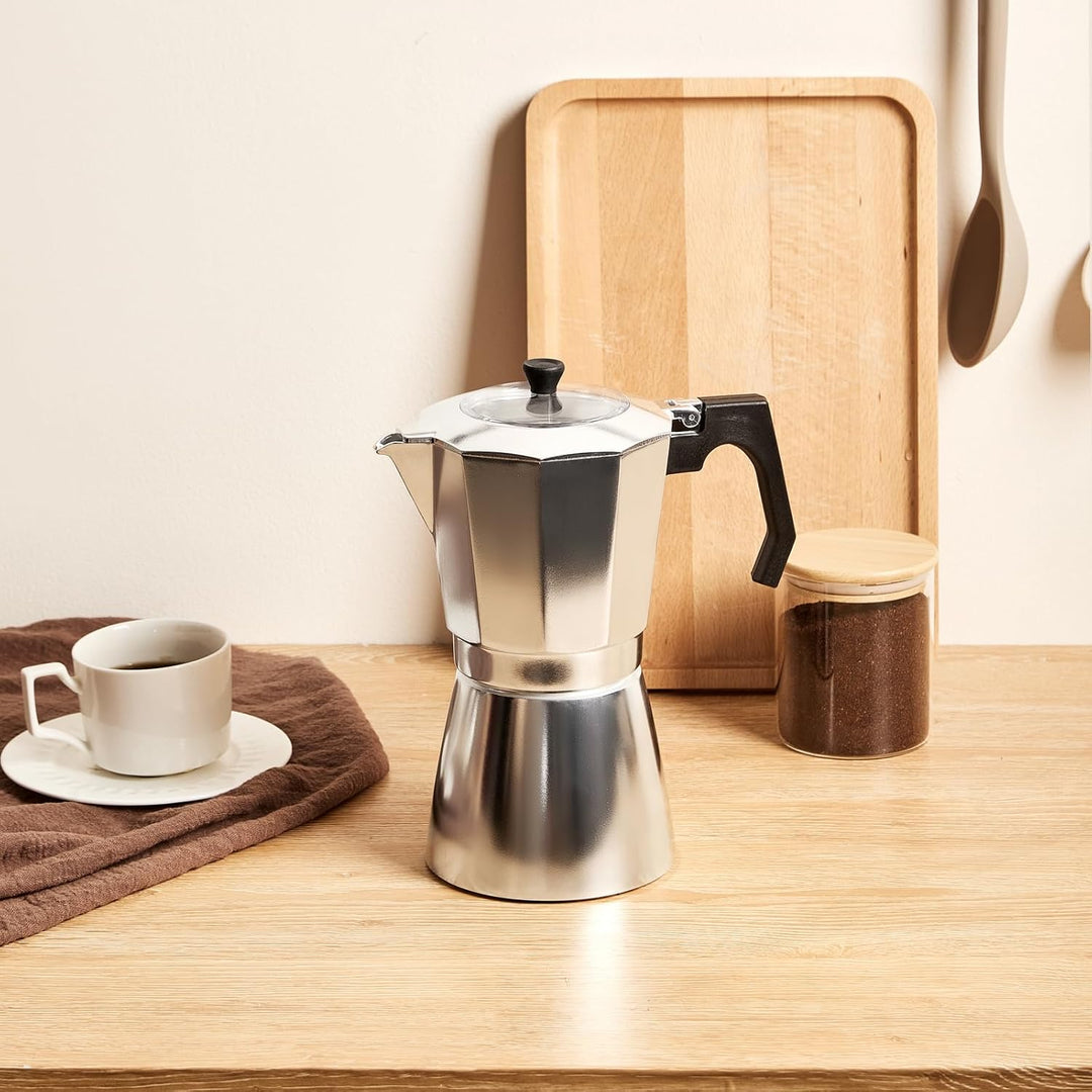 Espressokocher aus Aluminium, Mokkakanne 450 ml für 9 Tassen | Transparenter Deckel, Tropffreie Ausg