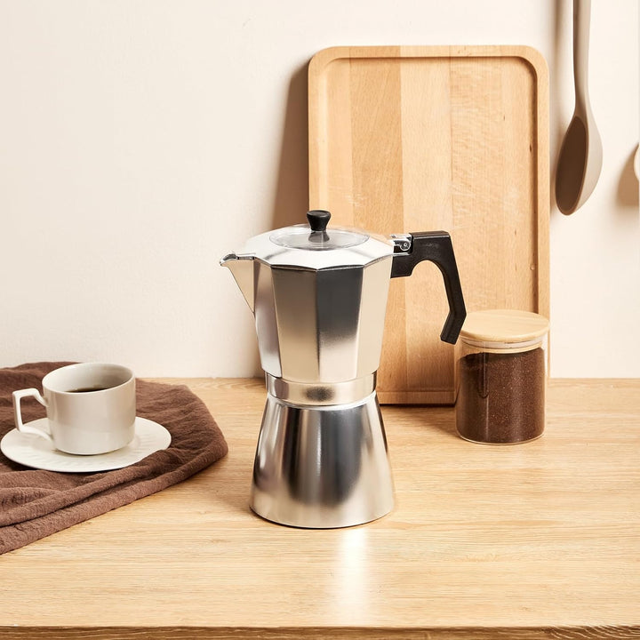 Espressokocher aus Aluminium, Mokkakanne 450 ml für 9 Tassen | Transparenter Deckel, Tropffreie Ausg