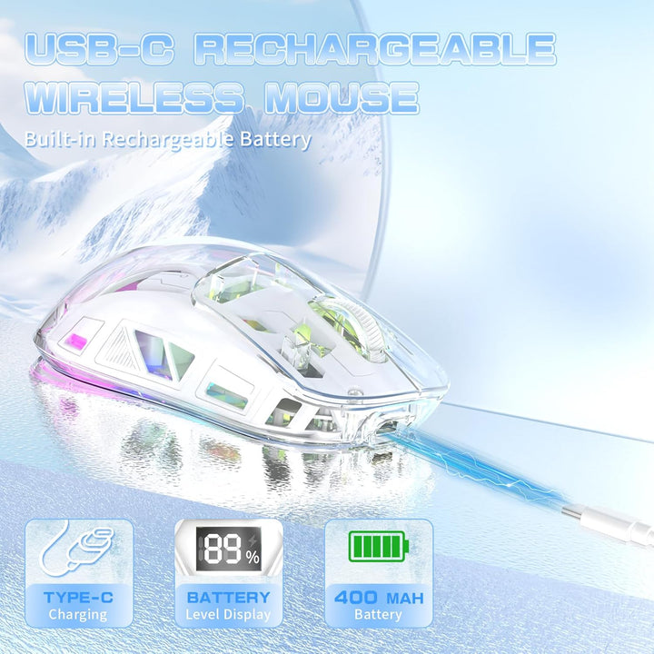 ZIYOU LANG x FREEWOLF Kabellose Gaming Maus, PixArt PAW3212 Dual Mode 2.4G/Bluetooth Transparente RG
