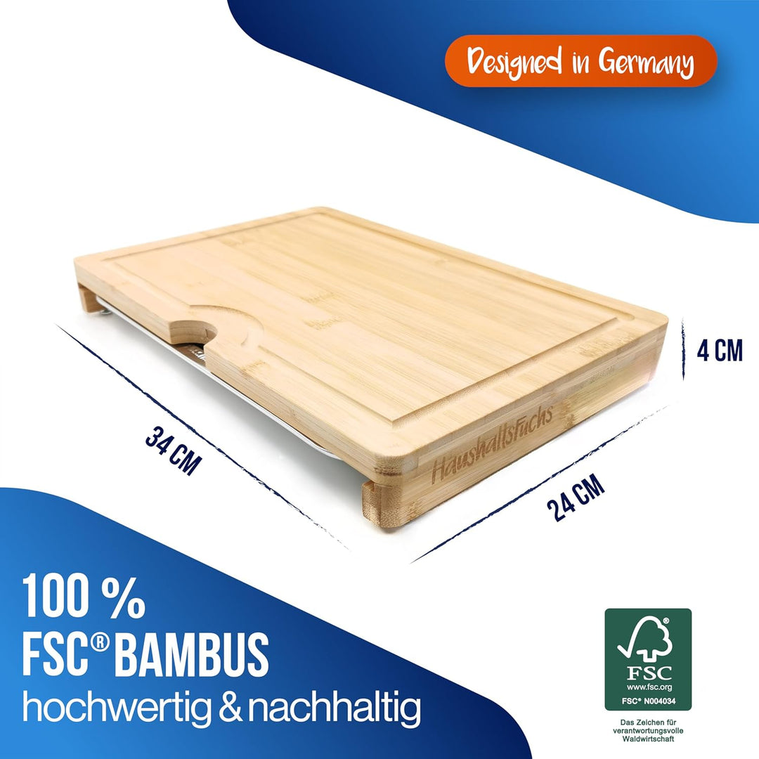Premium 100% FSC® Bambus Schneidebrett mit Auffangschale, Handyhalterung & Saftrille - Küchenbrett H