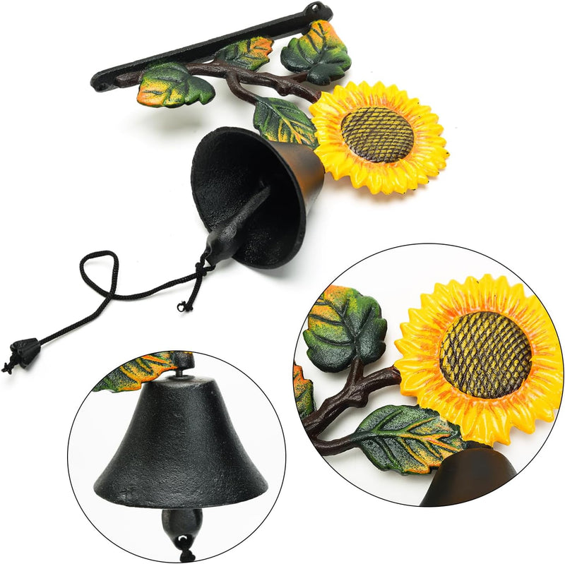 Sungmor Robuste Gusseisen-Wandglocke – dekorative handbemalte, Sonnenblumen-Handglocke – manuell sch