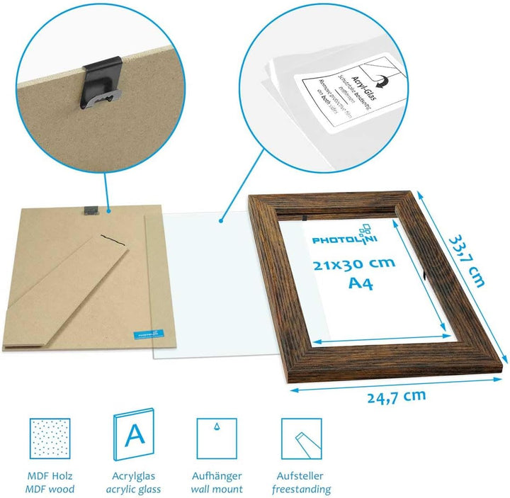 PHOTOLINI dunkle Eiche Bilderrahmen Set Holz MDF, Fotorahmen Set, 15er Bilderrahmenset Wand Collage,