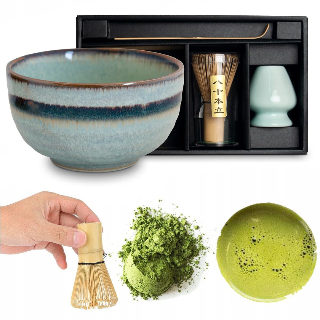 Matcha Set 4 tlg. Original japanische Schale mit Besen & Löffel Edo Japan Geschenkverpackung mit Mat