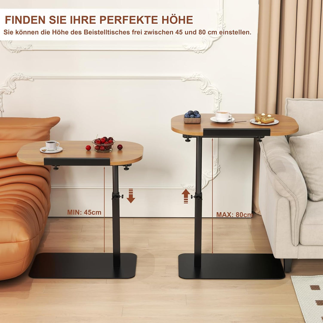 Massivholz Beistelltische c Form Höhenverstellbar, Metallbasis Couchtisch 360° Rotierend Klein Beist