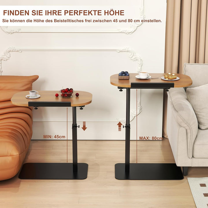 Massivholz Beistelltische c Form Höhenverstellbar, Metallbasis Couchtisch 360° Rotierend Klein Beist