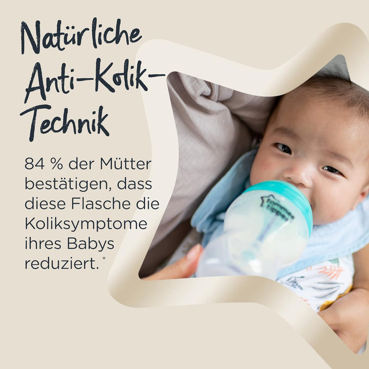 Tommee Tippee Anti-Kolik-Babyflasche, Natürlich geformter Trinksauger und Spezielles Anti-Kolik-Entl
