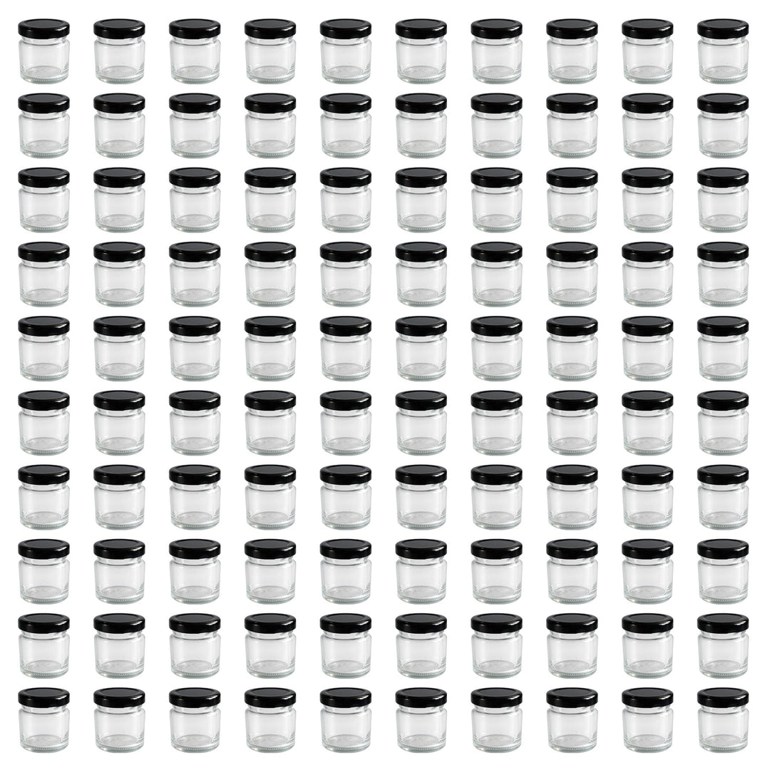 hocz 100x Mini Marmeladengläser 37 ml Set | Deckel Schwarz TO 43 | kleine Einmachgläser mit Schraubd