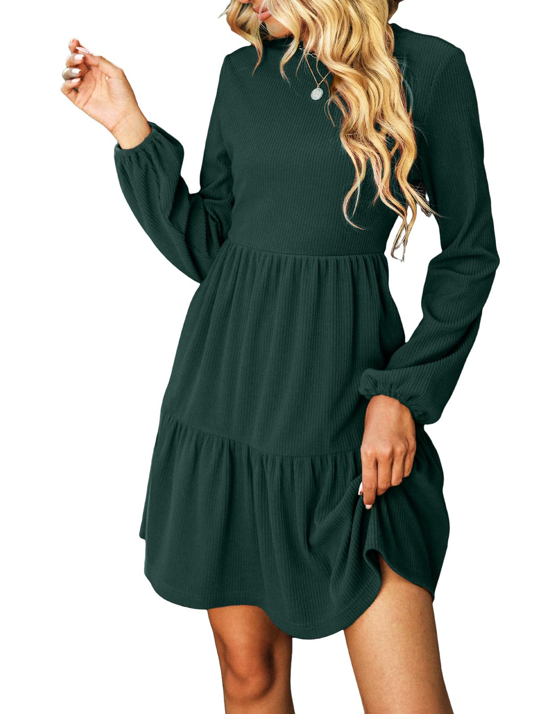 CUPSHE Damen Kleid Rundhals Langarm Volantsaum A Linien Herbst Winter Rippstruktur Kurze Minikleid F