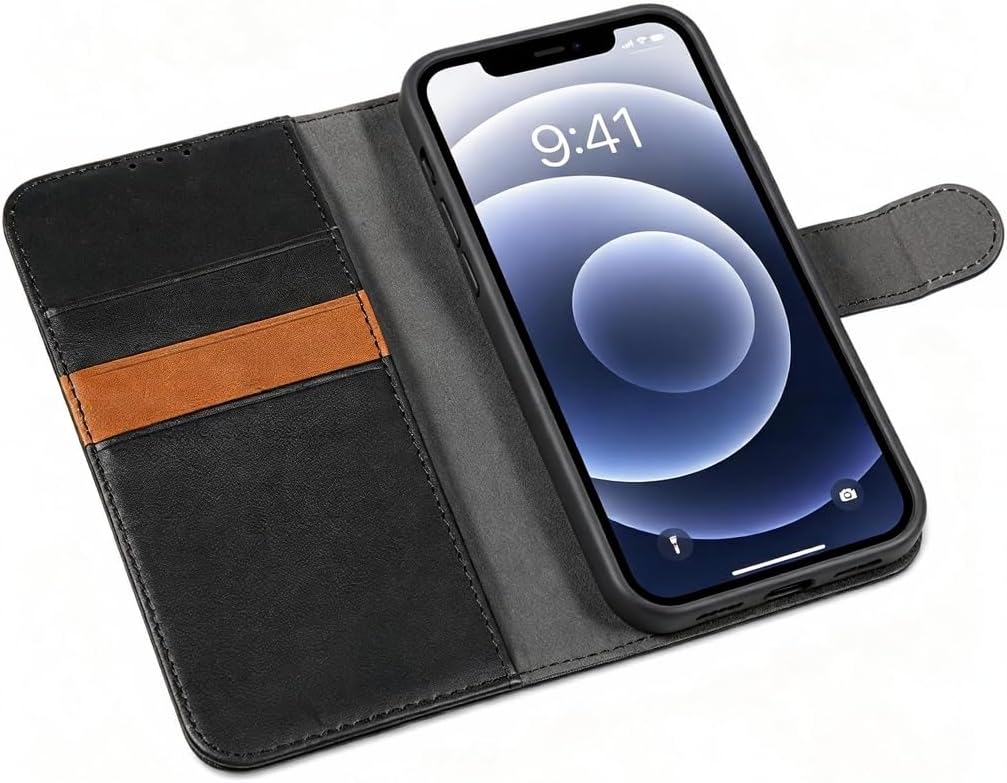 LENSUN Echtleder Hülle für iPhone 12, iPhone 12 Pro Handyhülle [Echtes Leder][Magnetverschluss][RFID