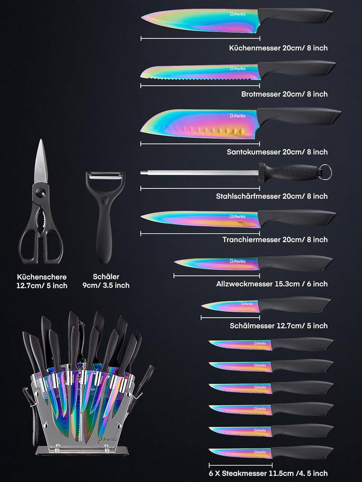 D.Perlla Messerblock, 16-TLG Messer set, Regenbogenfarbe Titanbeschichtung Messer mit Acryl Messerha