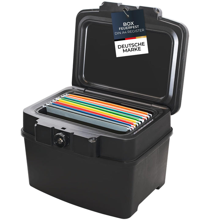 HMF 250453 Feuerfeste Wasserdichte Dokumentenbox | DIN A4 | Hängeregister | schwarz DIN A4, Register
