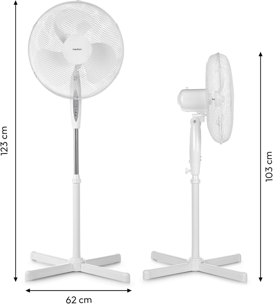 MEDION Standventilator mit Fernbedienung, drei Geschwindigkeitsstufen, 45 Watt Leistung, 36 cm, Schw